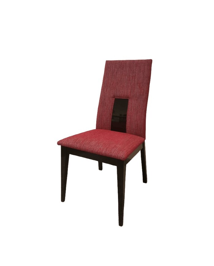 Silla tapizada en rojo con patas negras, diseño moderno para comedor o salón, unidad única en outlet