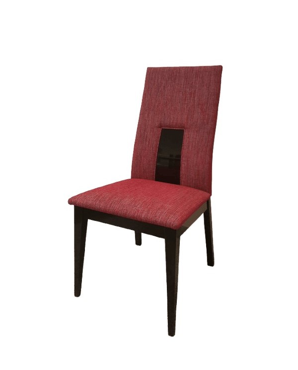 Silla tapizada en rojo con patas negras, diseño moderno para comedor o salón, unidad única en outlet