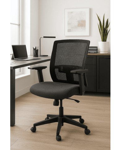 Silla de Oficina Ergonómica Negra con Respaldo de Malla y Reposabrazos Ajustables