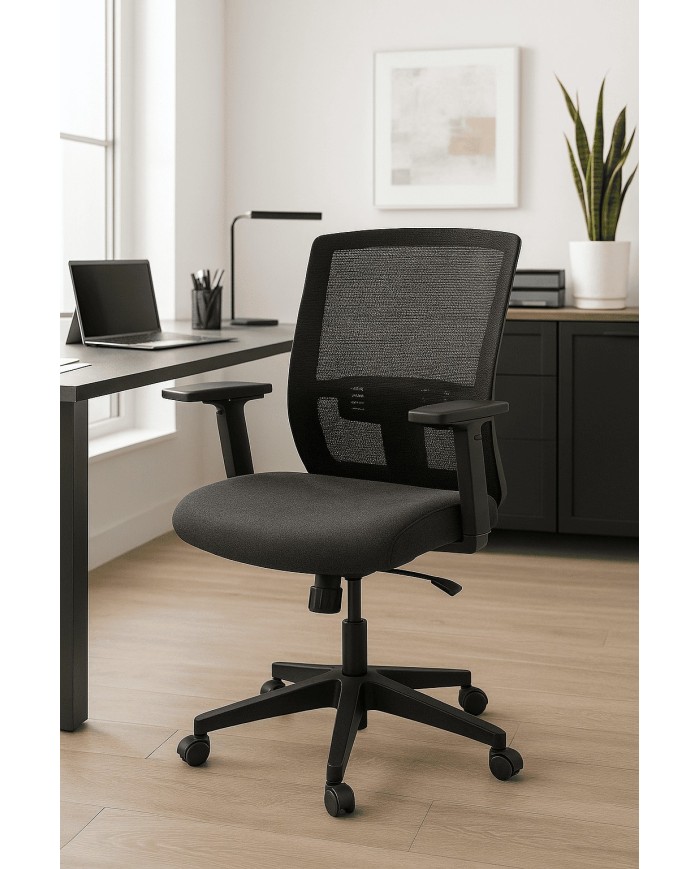 Silla de Oficina Ergonómica Negra con Respaldo de Malla y Reposabrazos Ajustables Silla de Oficina Ergonómica Negra con Respaldo de Malla y Reposabrazos Ajustables
