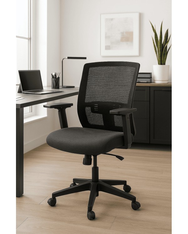 Silla de Oficina Ergonómica Negra con Respaldo de Malla y Reposabrazos Ajustables