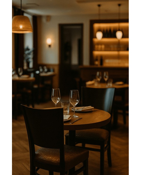 Silla tapizada en marrón bronce con estructura de madera negra, ideal para comedor, restaurante u hostelería