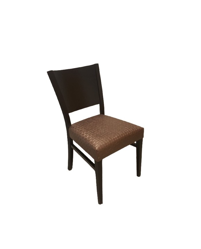 Silla tapizada en marrón bronce con estructura de madera negra, ideal para comedor, restaurante u hostelería