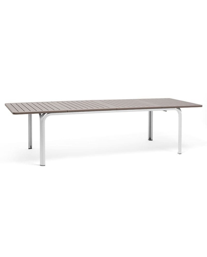 Mesa Alloro 210 Nardi para hogar y hostelería en polipropileno efecto madera y aluminio, resistente y funcional para exterior.