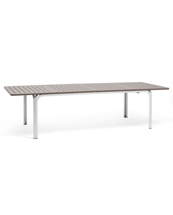 Mesa Alloro 210 Nardi para hogar y hostelería en polipropileno efecto madera y aluminio, resistente y funcional para exterior.