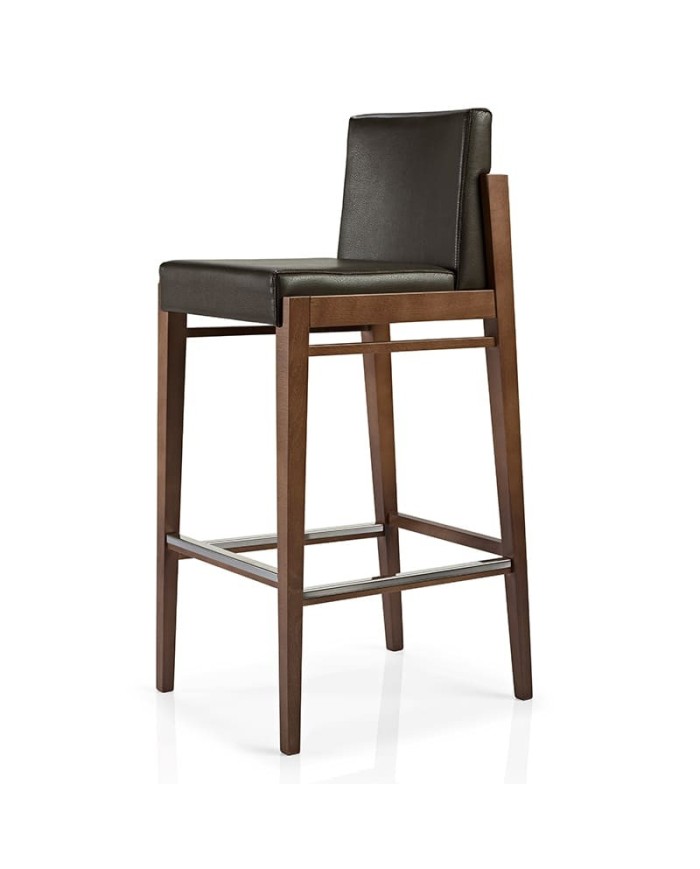 Taburete de madera con asiento y respaldo tapizado, cómodo y resistente, ideal para hostelería interior y hogar.