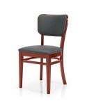 Silla de madera con asiento y respaldo tapizado, cómoda y resistente, ideal para hostelería interior y hogar.