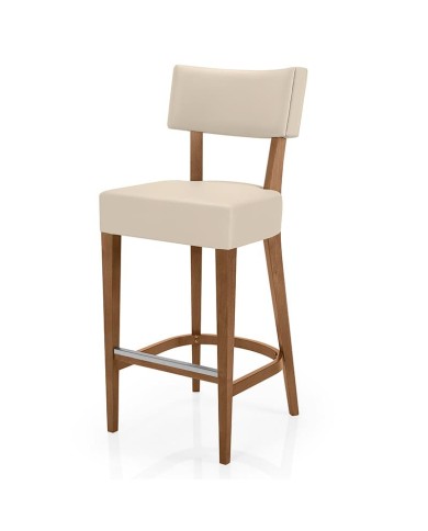 Taburete de madera con asiento  y respaldo tapizado para hostelería y hogar.