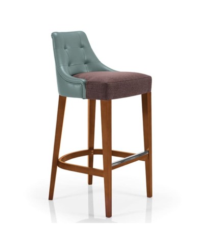 Taburete alto tapizado con respaldo acolchado y patas de madera para barra y hostelería