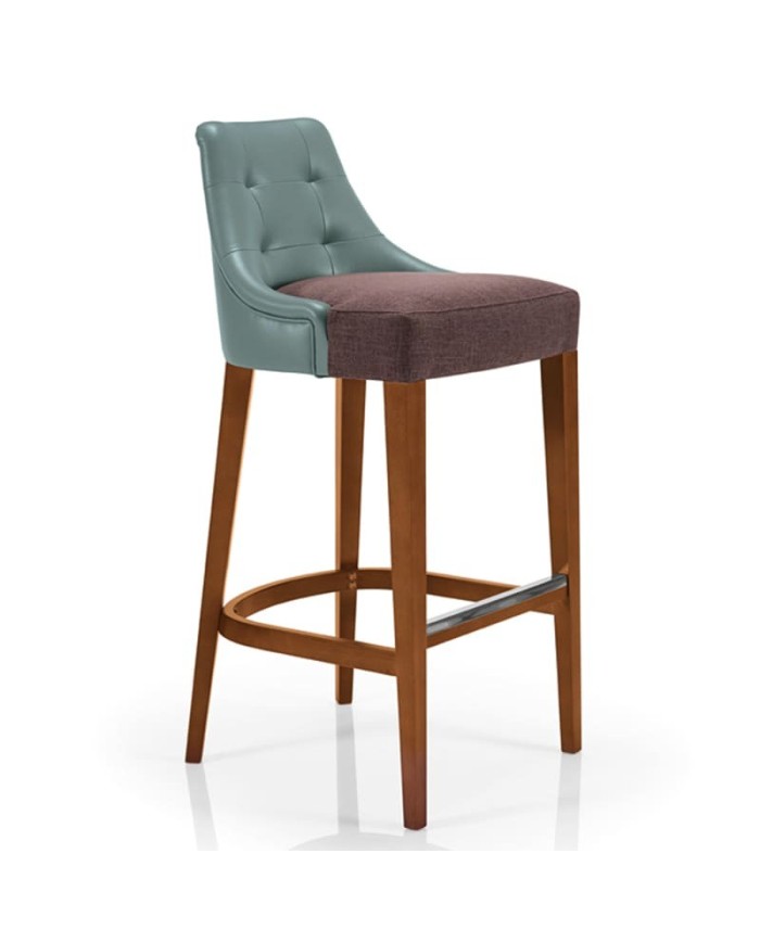 Taburete alto tapizado con respaldo acolchado y patas de madera para barra y hostelería