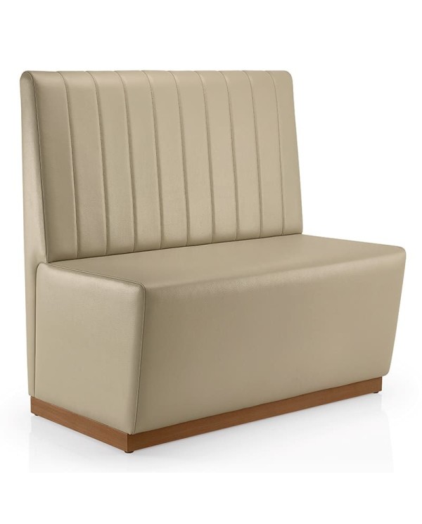 Banco tapizado con respaldo, cómodo y resistente, ideal para hostelería interior y hogar.