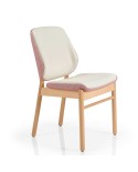 Silla de madera con respaldo y asiento tapizado para hogar y hostelería interior.