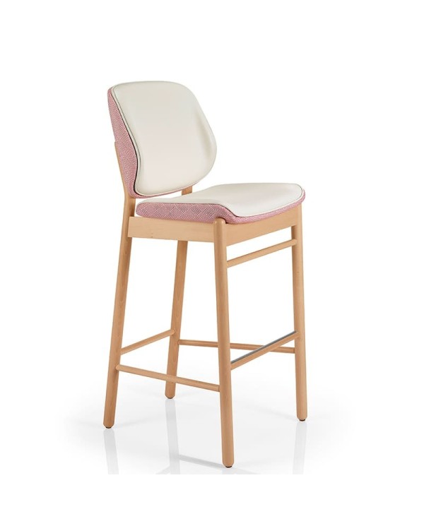 Taburete tapizado con estructura de madera con asiento y respaldo tapizado. Diseño y comodidad para hogar y hostelería