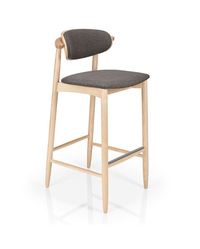 Taburete de madera con asiento y respaldo tapizado y reposapiés integrado para hogar y hostelería.