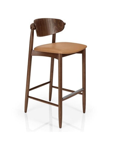 Taburete de madera con respaldo curvo y asiento tapizado y reposapiés integrado para hogar y hostelería.