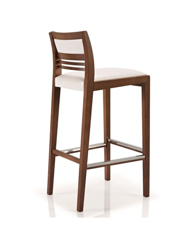 Taburete de madera con asiento tapizado y reposapiés metálico para hogar y hostelería.