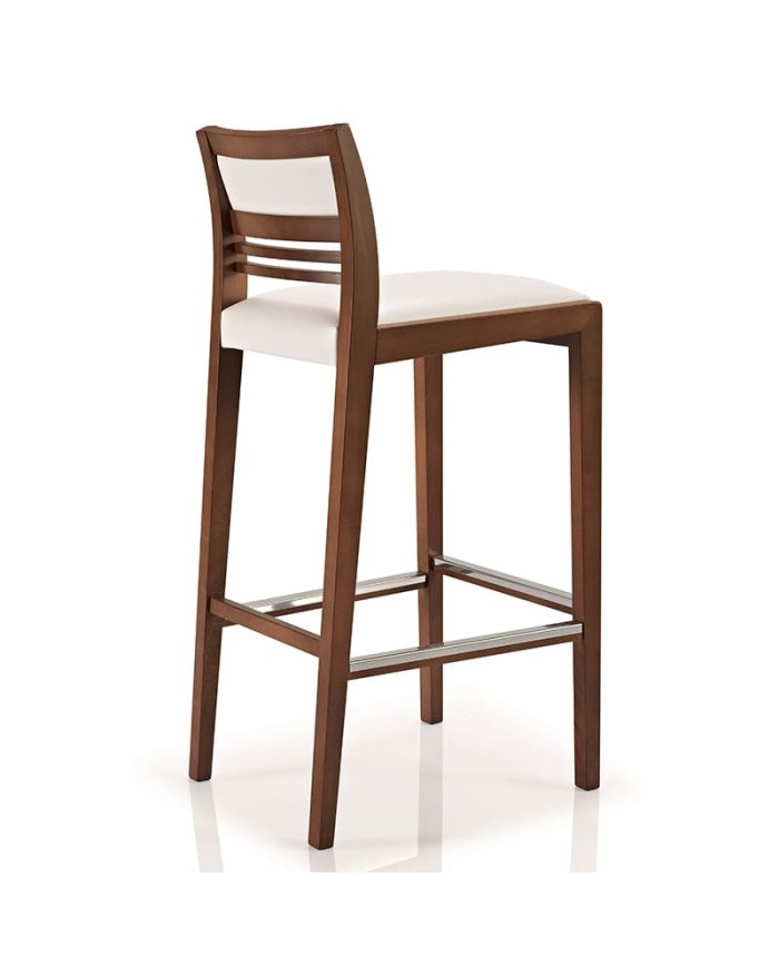 Taburete de madera con asiento tapizado y reposapiés metálico para hogar y hostelería.