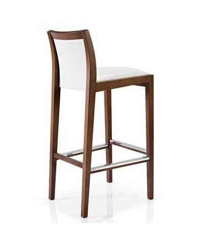 Taburete de madera con respaldo tapizado y reposapiés metálico para hogar y hostelería.