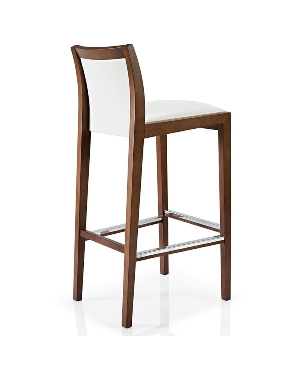 Taburete de madera con respaldo tapizado y reposapiés metálico para hogar y hostelería.