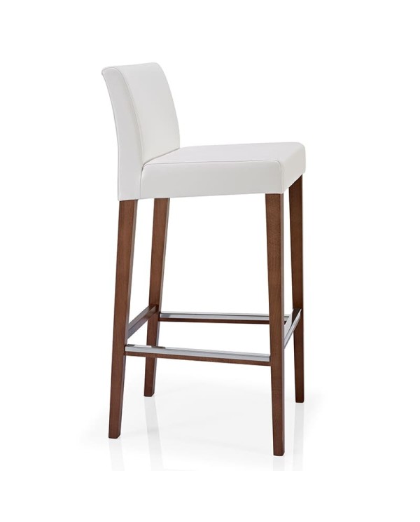 Taburete tapizado con patas de madera y reposapiés metálico para hogar y hostelería. Ideal para barra y encimera.