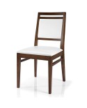 Silla de madera con asiento tapizado y respaldo abierto para hogar y hostelería.