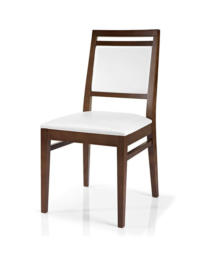 Silla de madera con asiento tapizado y respaldo abierto para hogar y hostelería.