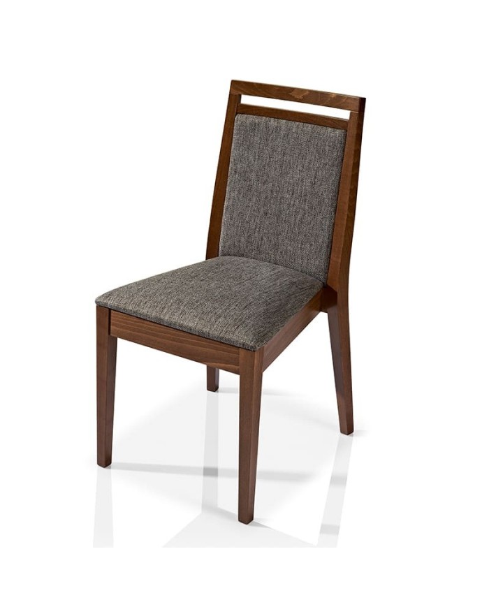 Silla de madera con asiento y respaldo tapizado abierto para hogar y hostelería.