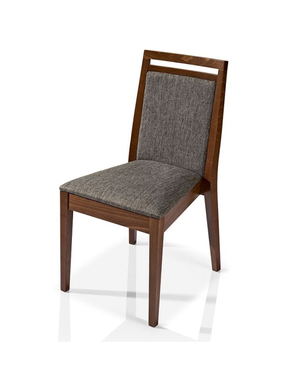 Silla de madera con asiento y respaldo tapizado abierto para hogar y hostelería.