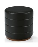 Puff tapizado cilíndrico con base de madera para hogar y hostelería.
