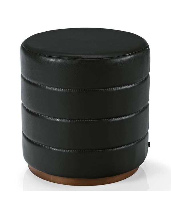 Puff tapizado cilíndrico con base de madera para hogar y hostelería.