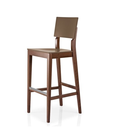 Taburete de madera y reposapiés metálico para hogar y hostelería.