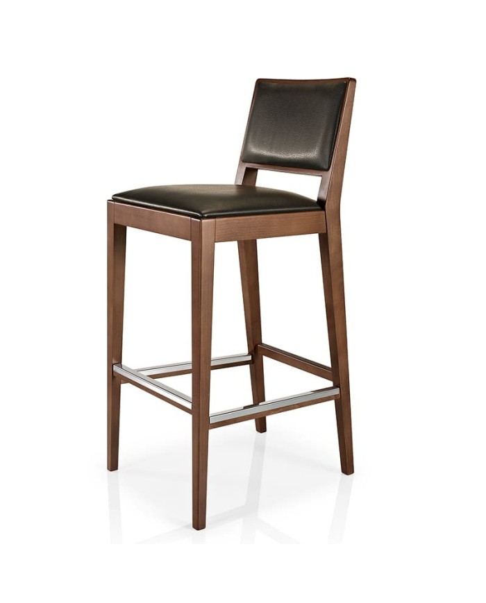 Taburete de madera alto con asiento y respaldo tapizado para hogar y hostelería.