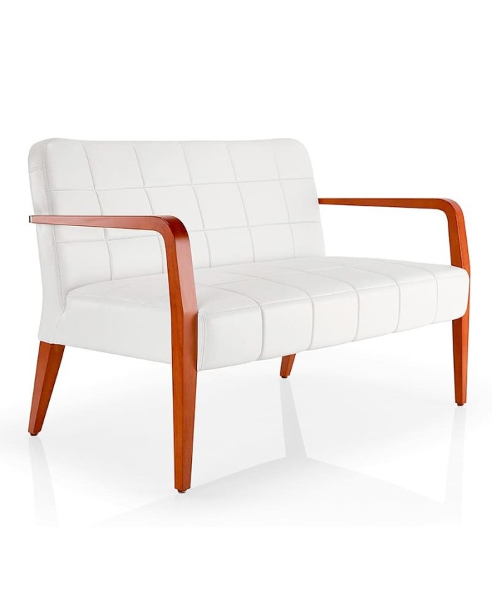 Sofá de dos plazas con asiento y respaldo tapizados con brazos  en madera para hogar y hostelería.