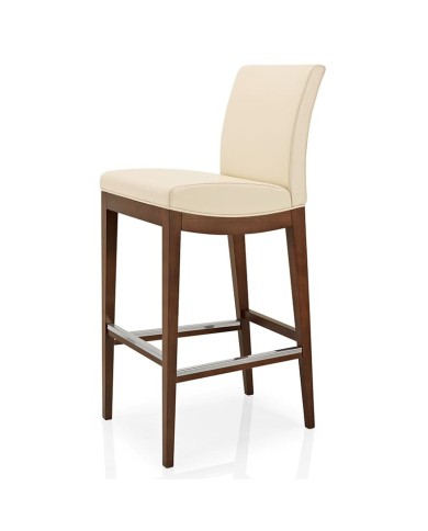 Taburete de madera con asiento y respaldo tapizados para hogar y hostelería.