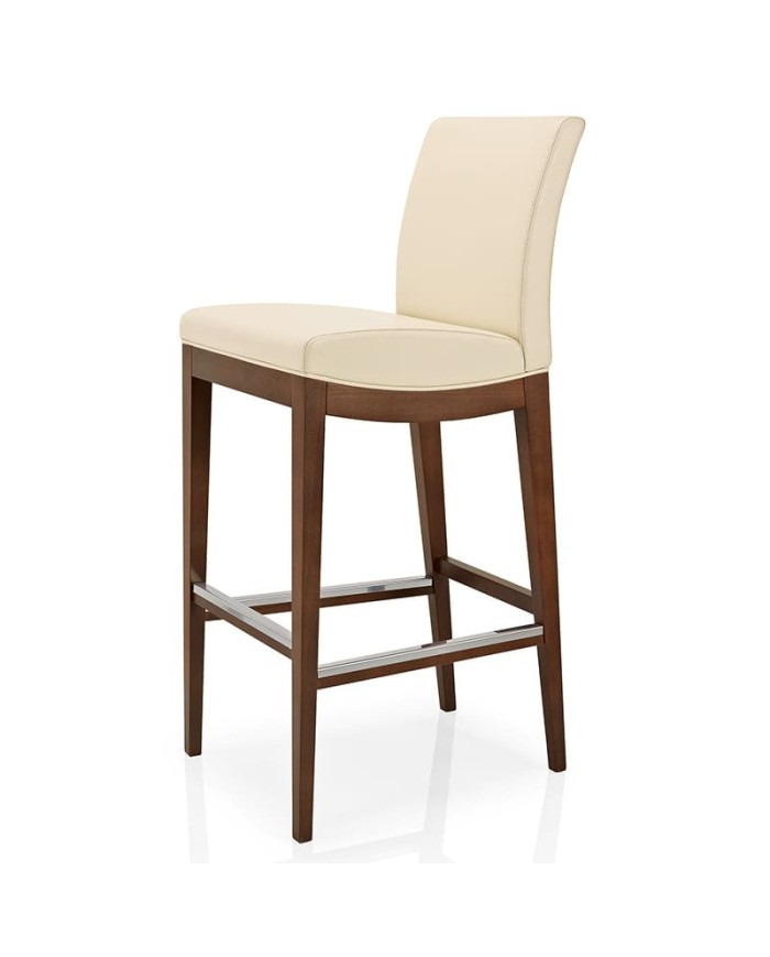 Taburete de madera con asiento y respaldo tapizados para hogar y hostelería.