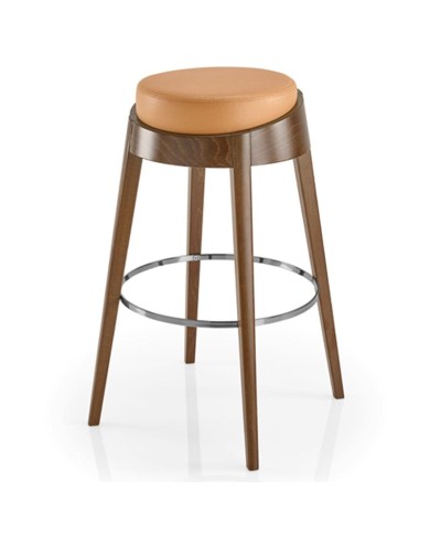 Taburete de madera con asiento tapizado y reposapiés metálico para hogar y hostelería.