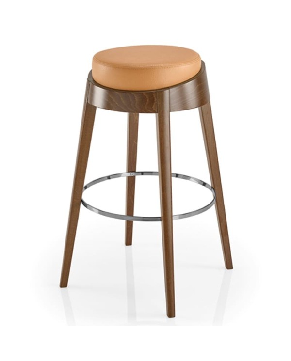 Taburete de madera con asiento tapizado y reposapiés metálico para hogar y hostelería.