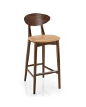 Taburete de madera con asiento tapizado y respaldo curvado para hogar y hostelería.