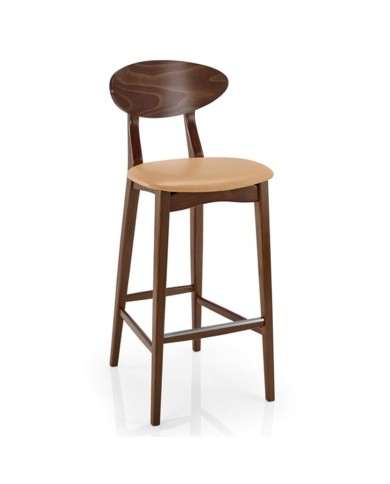 Taburete de madera con asiento tapizado y respaldo curvado para hogar y hostelería.