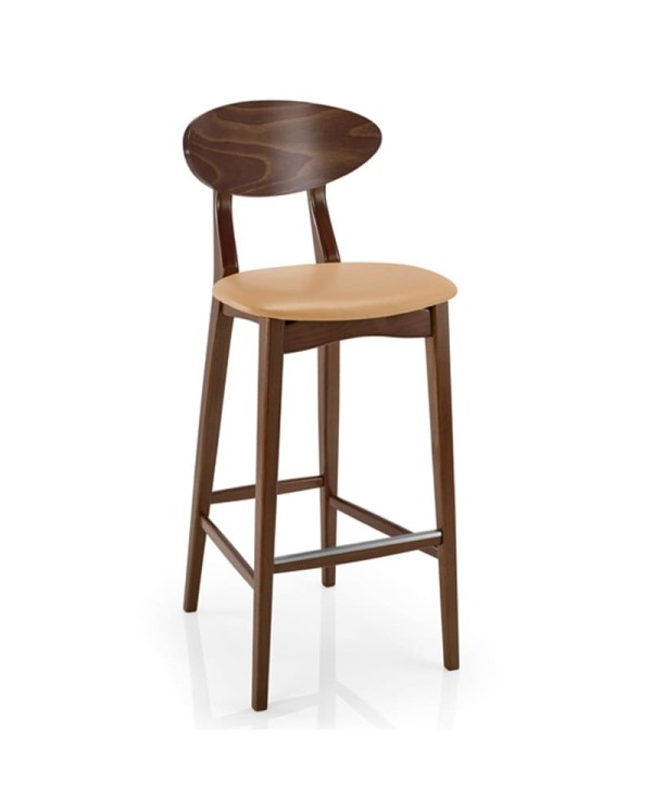 Taburete de madera con asiento tapizado y respaldo curvado para hogar y hostelería.