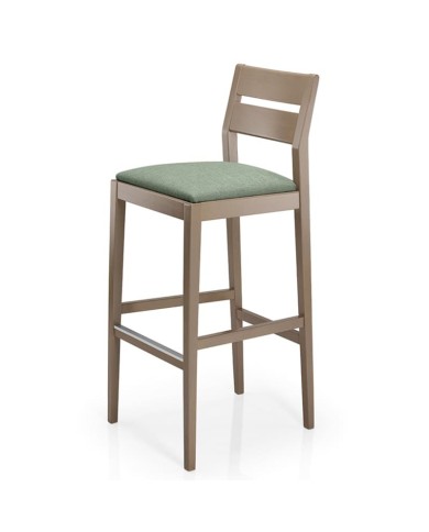 Taburete de madera con asiento tapizado y respaldo de lamas para hogar y hostelería