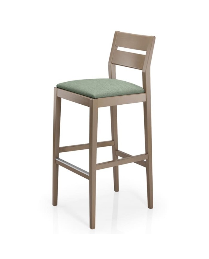 Taburete de madera con asiento tapizado y respaldo de lamas para hogar y hostelería
