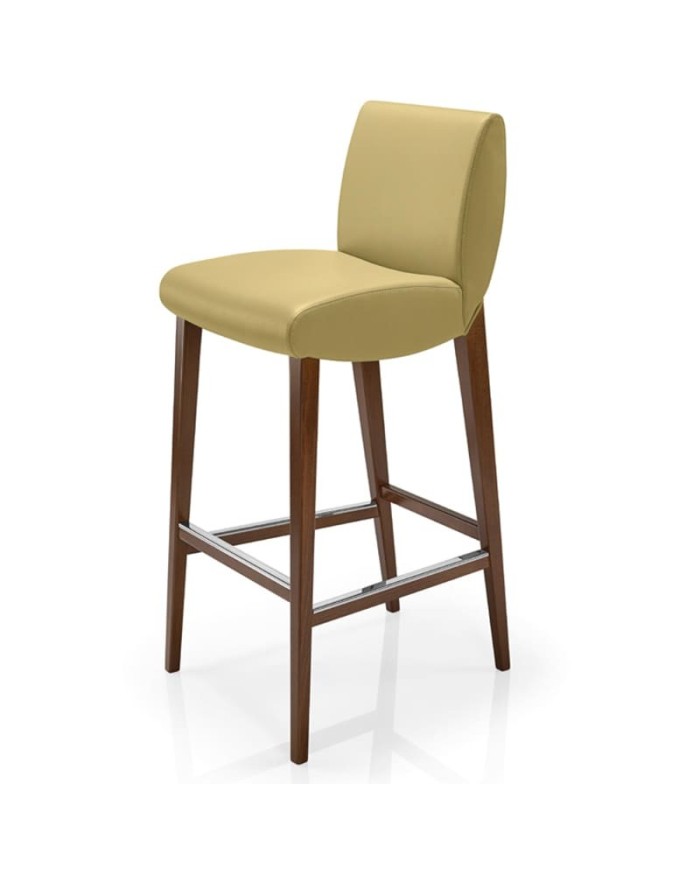 Taburete de madera con asiento y respaldo tapizados y reposapiés metálico para hogar y hostelería.