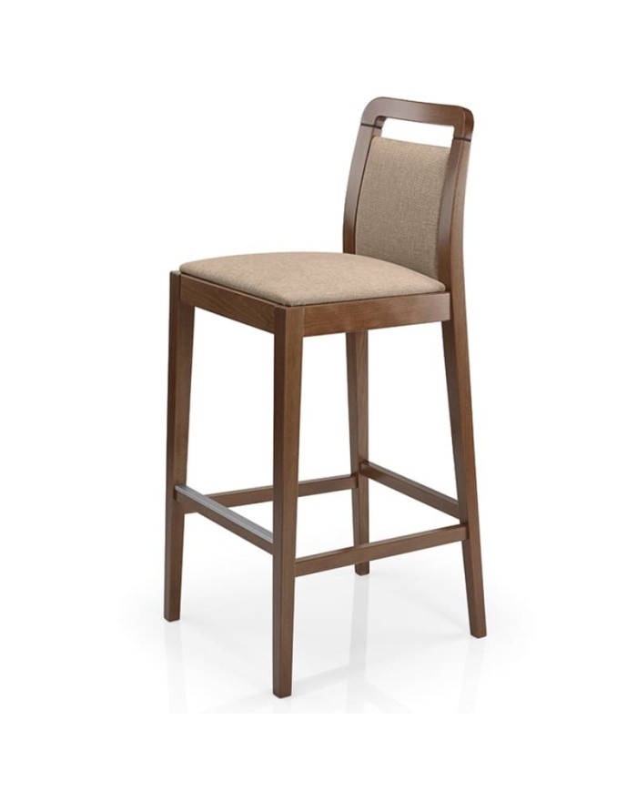 Taburete de madera con asiento tapizado y respaldo abierto para hogar y hostelería.
