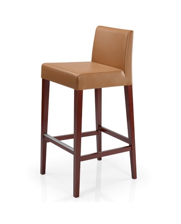 Taburete de madera con asiento y respaldo tapizados para hogar y hostelería.