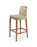 Taburete de madera con asiento y respaldo tapizados con respaldo abierto para hogar y hostelería.