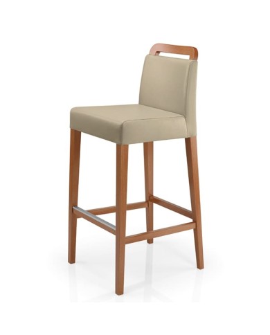 Taburete de madera con asiento y respaldo tapizados con respaldo abierto para hogar y hostelería.