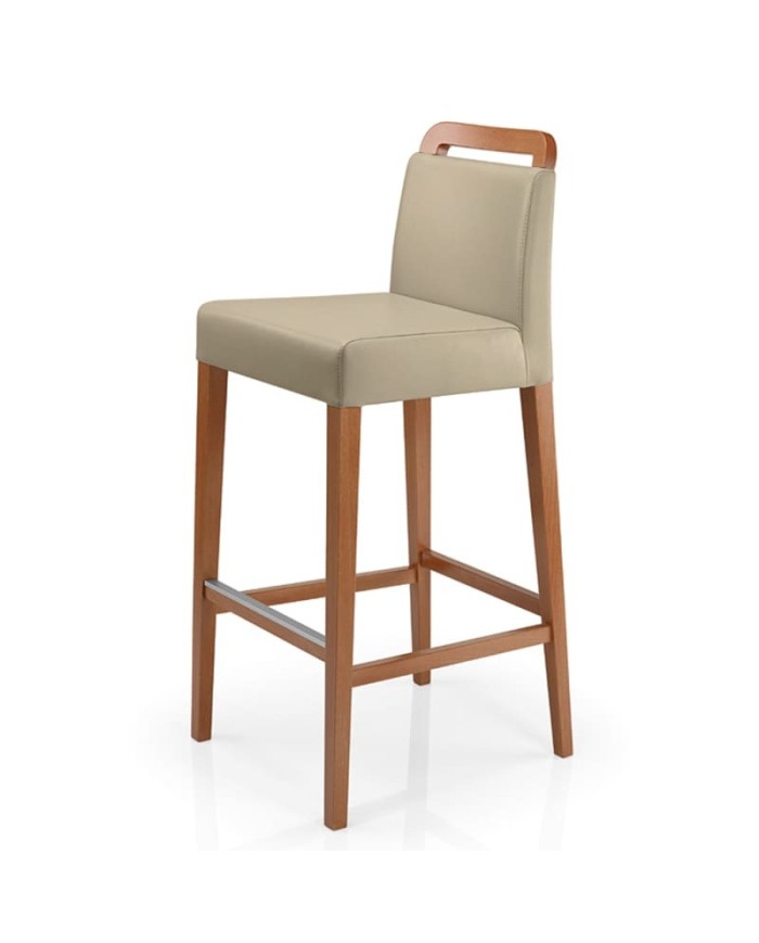 Taburete de madera con asiento y respaldo tapizados con respaldo abierto para hogar y hostelería.