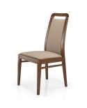 Silla de madera con asiento tapizado y respaldo alto tapizado para hogar y hostelería.