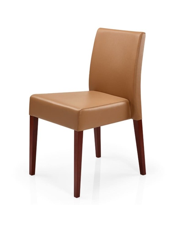 Silla de madera con asiento y respaldo tapizados para hogar y hostelería.